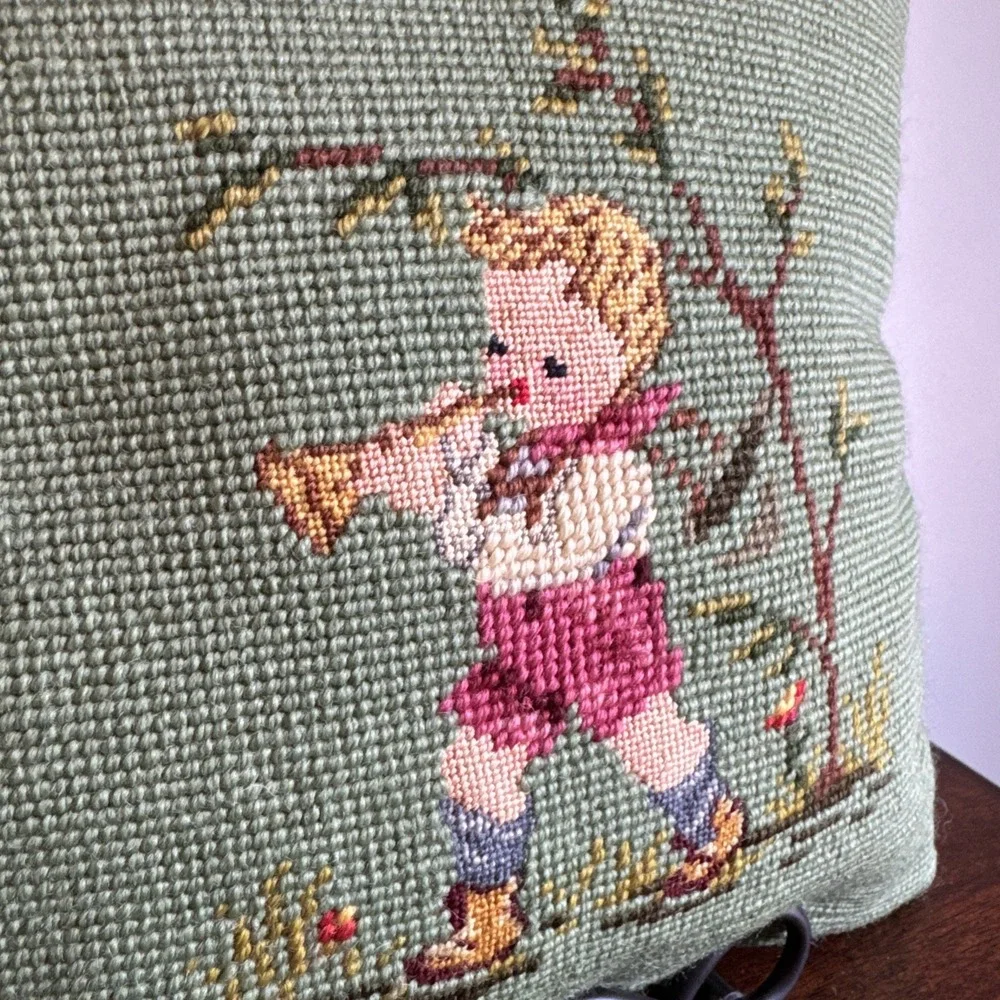 Double Sided Needlepoint Point Pillow Green Cottagecore Country Boy Girl VNTG